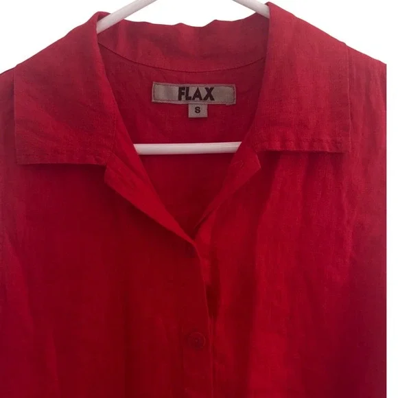 FLAX Red Linen Sleeveless Button Down Shirt Collar and Pockets Size S Preloved - Picture 3 of 9